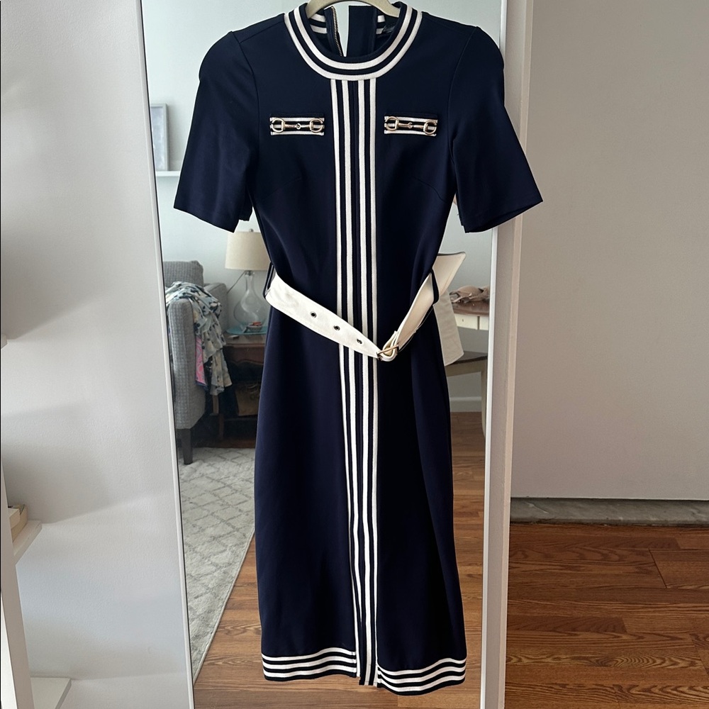 Navy Dress with White Stripes and Belt